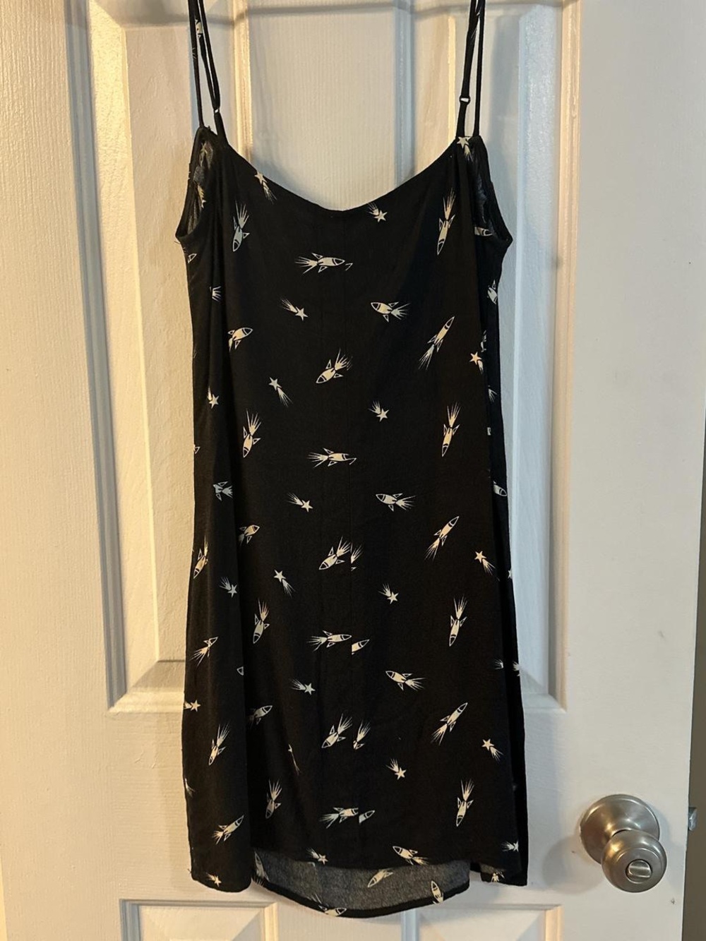 Reformation Black Slip Dress with White Rocket Print